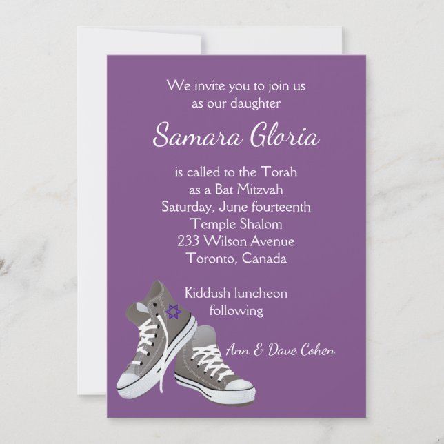Invitación a Bat Mitzvah de Purple Sneakers (Anverso)
