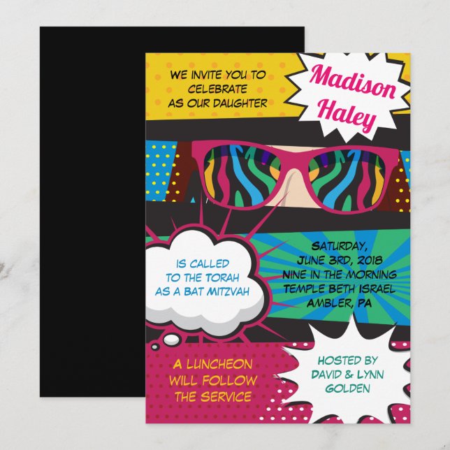Invitación a Bat Mitzvah de RETRO Bat (Anverso / Reverso)