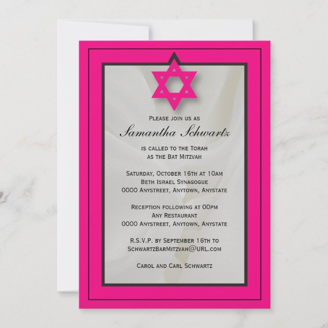 Invitación a Bat Mitzvah de tela elegante y rosa c (Anverso)