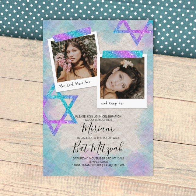 Invitación a Bat Mitzvah de turquesa y guiño (sparkly glitter stars, turquoise and pink bat mitzvah party invitation, 12th birthday)