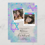 Invitación a Bat Mitzvah de turquesa y guiño<br><div class="desc">La invitación a Bat Mitzvah, a la manera de un libro de caracoles, incluye obras de arte turquesa, aqua, rosa y purpurina morado. Las fotos cuadradas con estrellas de las obras de arte de David en papel desmitificado es una hermosa imagen vintage para la celebración de tu cumpleaños. Las leyendas...</div>