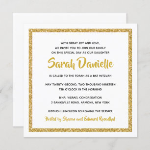 Invitación a Bat Mitzvah de White y Gold Square