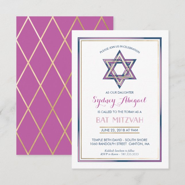 Invitación a Bat Mitzvah - Estrella de David con O (Anverso / Reverso)