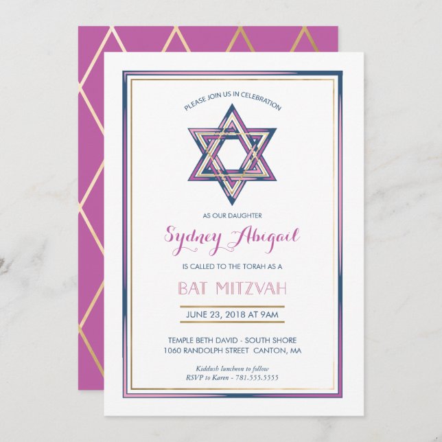Invitación a Bat Mitzvah - Estrella de David con O (Anverso / Reverso)