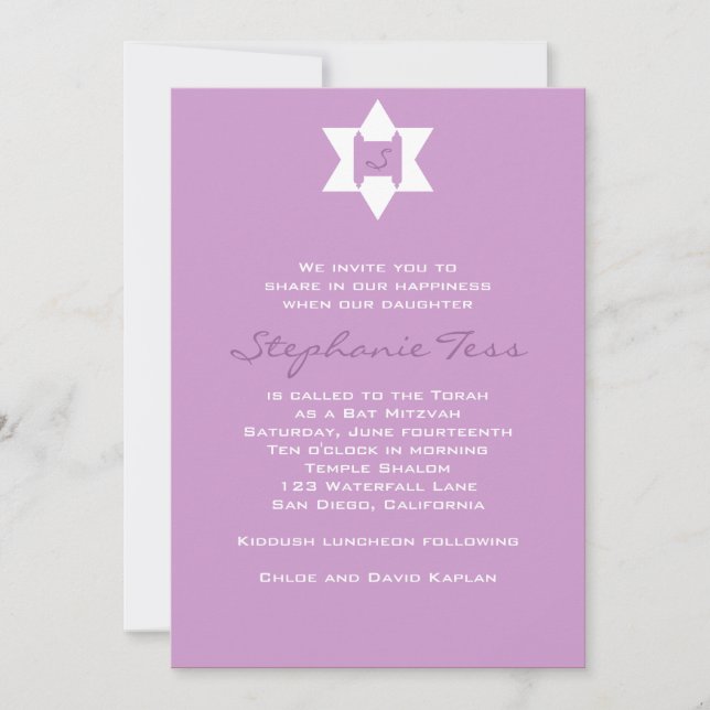 Invitación a Bat Mitzvah Estrella Judía de Torah H (Anverso)