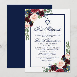 Invitación a Bat Mitzvah Floral Burgundy Blue