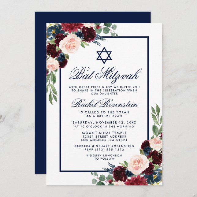 Invitación a Bat Mitzvah Floral Burgundy Blue (Anverso / Reverso)