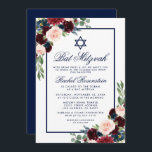 Invitación a Bat Mitzvah Floral Burgundy Blue<br><div class="desc">Bat Mitzvah Watercolor Borgoña Marsala Azul Floral Tarjeta de invitación</div>