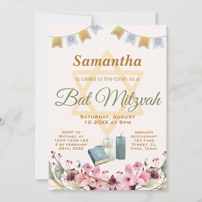 Invitación a Bat mitzvah: Flores, torah (Anverso)