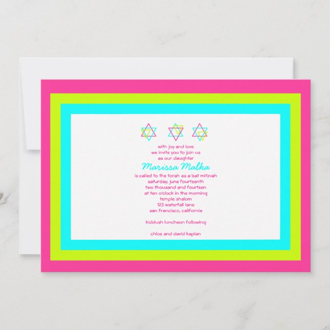 Invitación a Bat Mitzvah Marissa Malka Azul Rosa (Anverso)