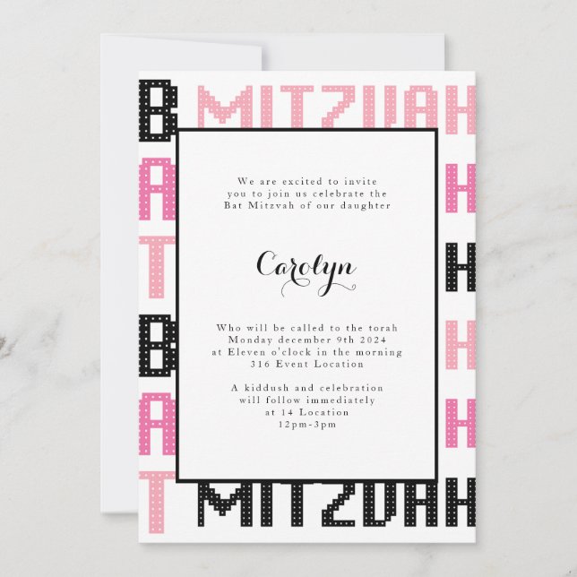 Invitación a Bat Mitzvah negro y rosa (Anverso)