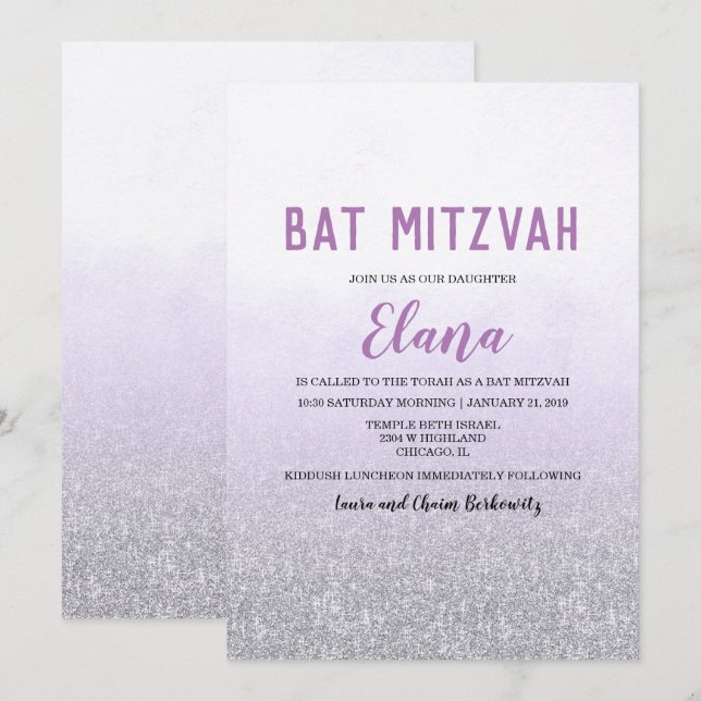 Invitación a Bat Mitzvah Ombre Lavender (Anverso / Reverso)