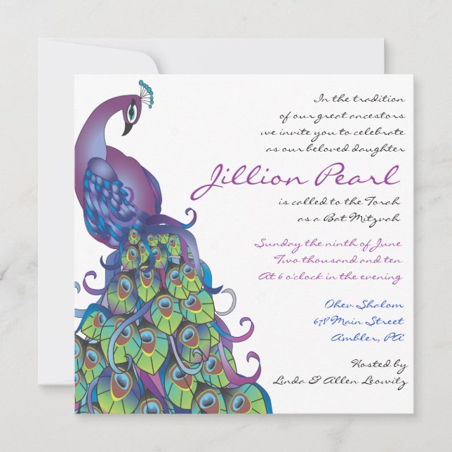 Invitación a Bat Mitzvah para el tema del pavo rea (Anverso)