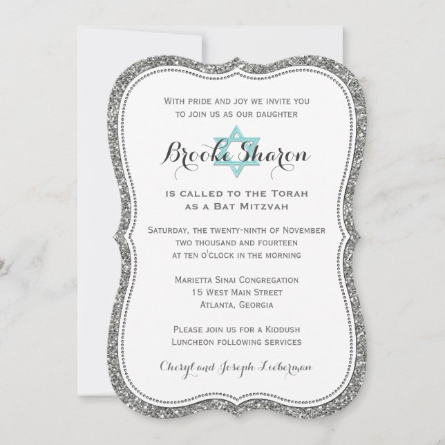 Invitación a Bat Mitzvah| purpurina FAUX Silver (Anverso)