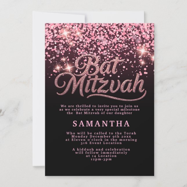 Invitación a Bat Mitzvah Rosa y Negro (Anverso)