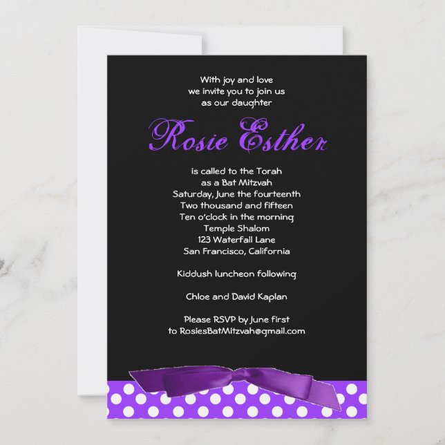 Invitación a Bat Mitzvah Rosie Purple Bow Black (Anverso)