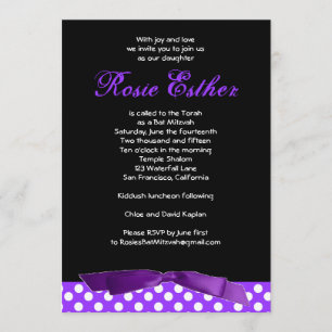 Invitación a Bat Mitzvah Rosie Purple Bow Black