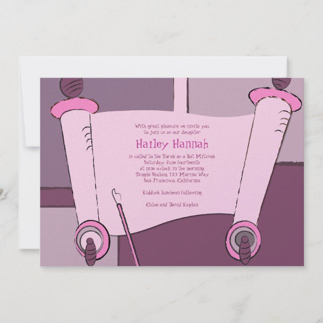 Invitación a Bat Mitzvah Torah Hailey Hannah Pink (Anverso)