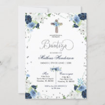 Invitación a Bautizo Español Floral Azul