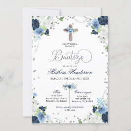 Invitación a Bautizo Español Floral Azul