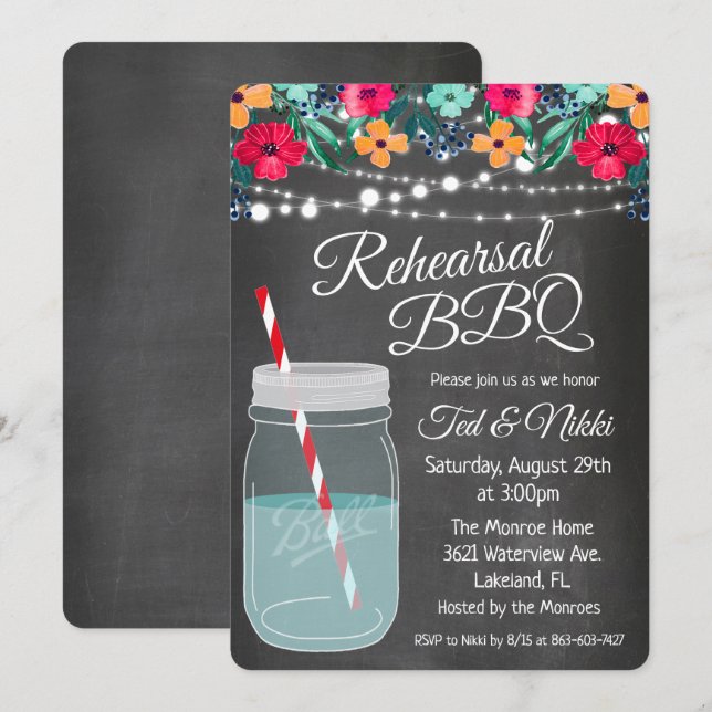 Invitación a BBQ de ensayo en frasco de Mason (Anverso / Reverso)