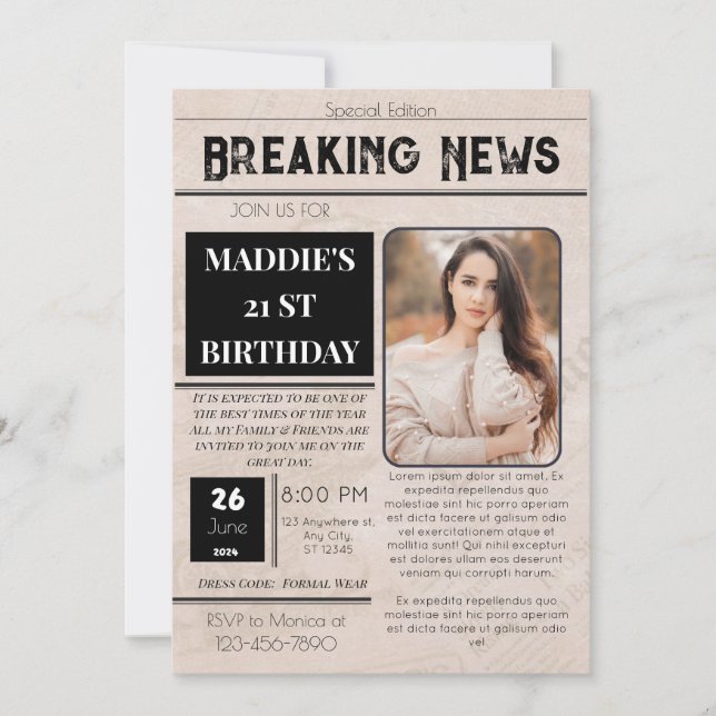 Invitación a Bday de papel de noticias (Anverso)