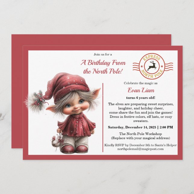 Invitación A Birthday From the North Pole | Whimsical Elf  (Anverso / Reverso)