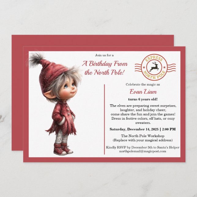 Invitación A Birthday From the North Pole | Whimsical Elf  (Anverso / Reverso)