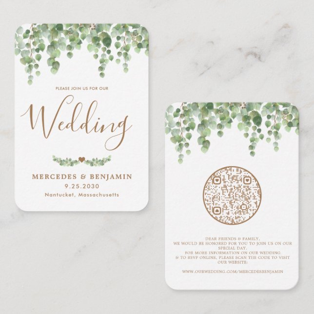 Invitación a boda de código QR botánico Eucalyptus (Anverso / Reverso)