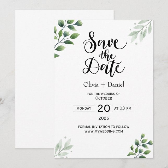 Invitación a Boda de fecha de Greenery Elopement (Anverso / Reverso)