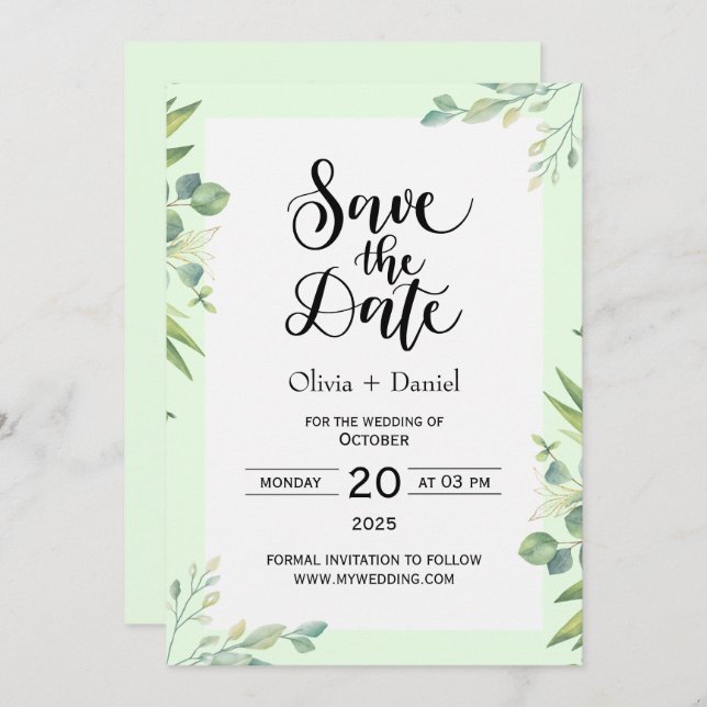Invitación a Boda de fecha de Greenery Elopement (Anverso / Reverso)