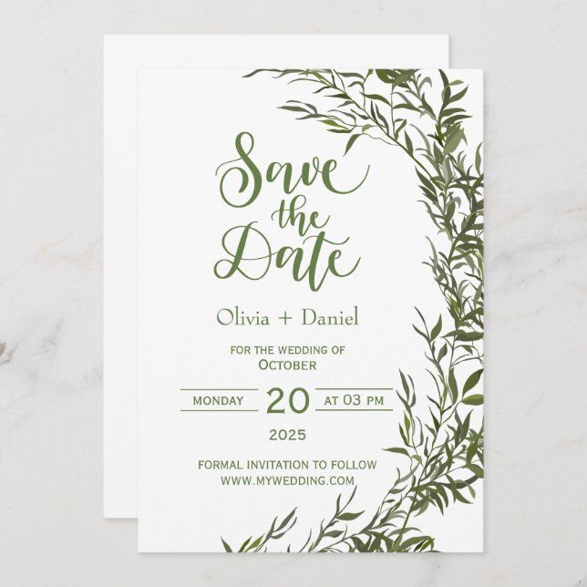 Invitación a Boda de fecha de Greenery Elopement (Anverso / Reverso)
