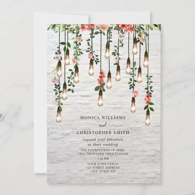 Invitación a Boda de Floral de Ladrillo Blanco de  (Anverso)