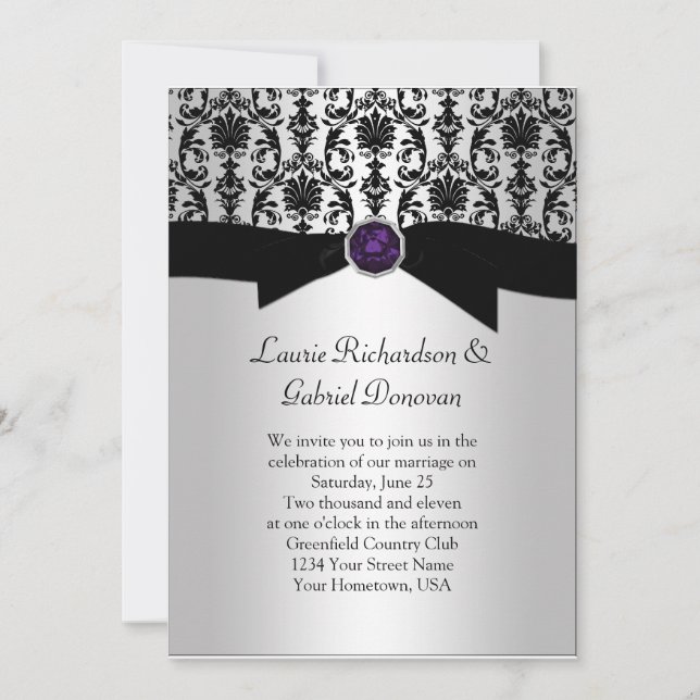 Invitación a Boda de joyas moradas negro y platead (Anverso)