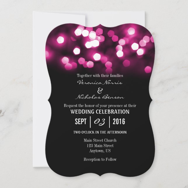 Invitación a boda de la Bokeh Black con luces rosa (Anverso)