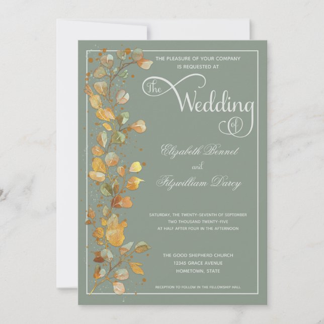 Invitación a Boda de monograma de hojas botánicas  (Anverso)