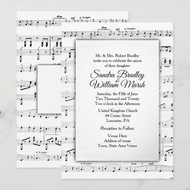 Invitación a Boda de música de hojas blancas (Anverso / Reverso)