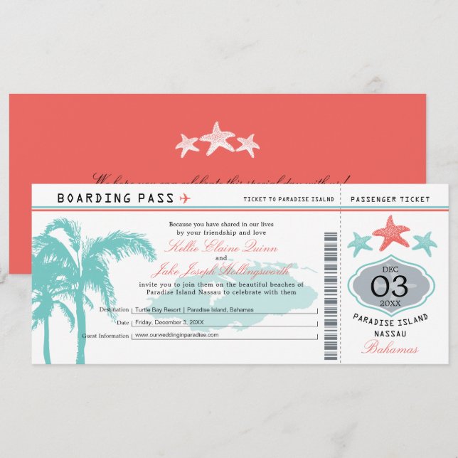 Invitación a Boda de Nassau Bahamas para el embarq (Anverso / Reverso)