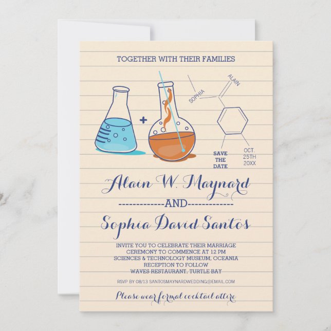 Invitación a Boda de Química Azul y Naranja (Anverso)