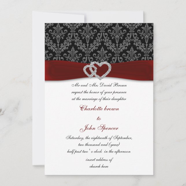invitación a boda diamante de damasco rojo (Anverso)