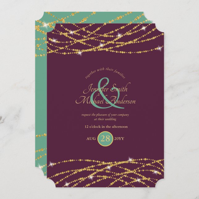 Invitación a boda Eggplant Mint Gold String (Anverso / Reverso)