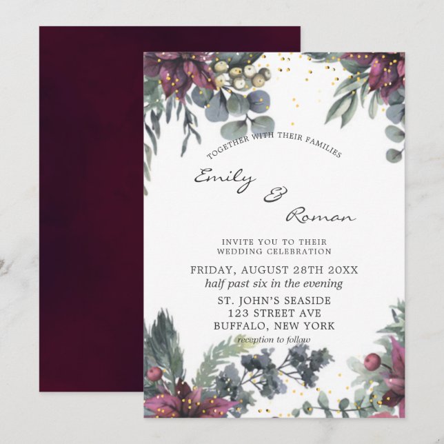Invitación a Boda floral borgoña y acuarela dorada (Anverso / Reverso)