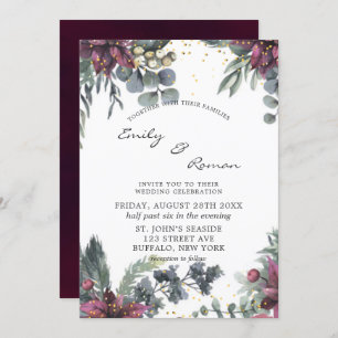 Invitación a Boda floral borgoña y acuarela dorada