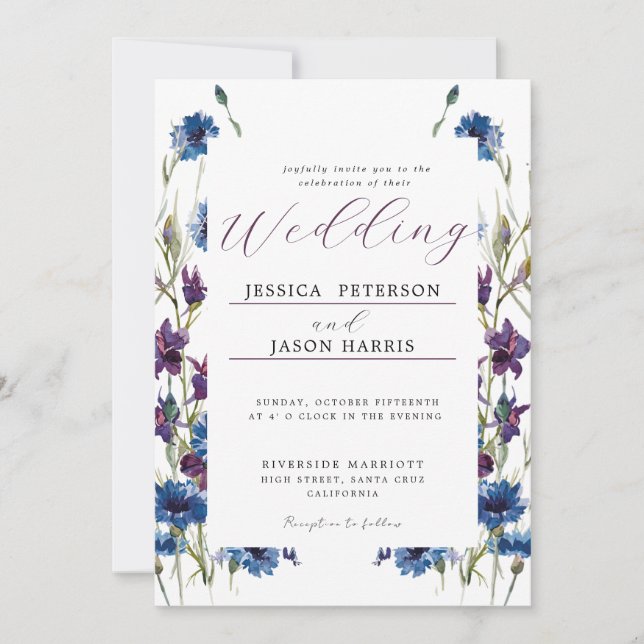 Invitación a Boda floral Dusty Royal Blue Purple B (Anverso)