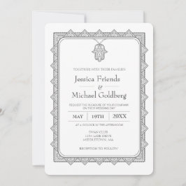 invitación a boda geométrica de hamsa gris