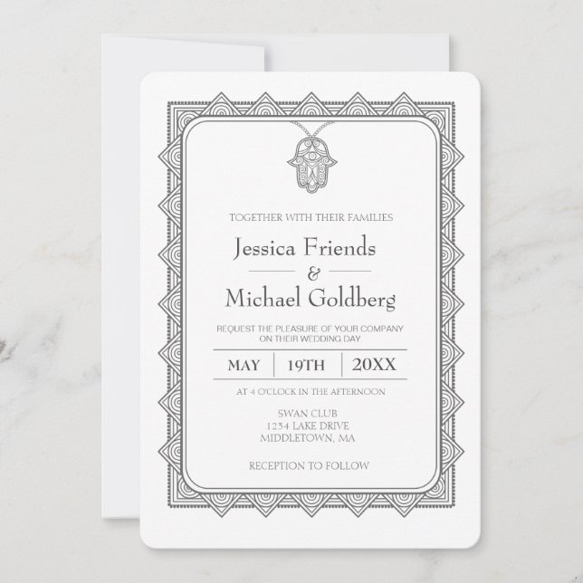 invitación a boda geométrica de hamsa gris (Anverso)