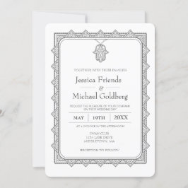 invitación a boda geométrica de hamsa gris