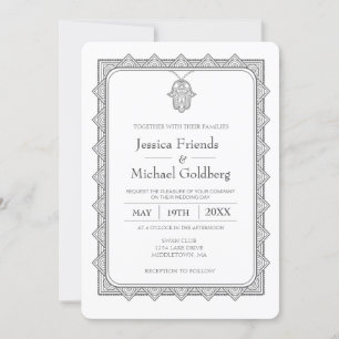 invitación a boda geométrica de hamsa gris