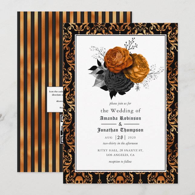 Invitación a Boda gótico floral negro y Naranja (Anverso / Reverso)