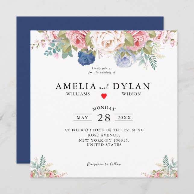 Invitación a Boda moderno con flores rosadas de Ru (Anverso / Reverso)